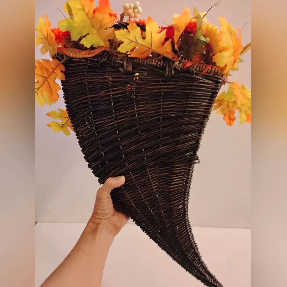 Autumn Harvest Cornucopia with Vibrant Accents Berries Leaves Beads Ribbons